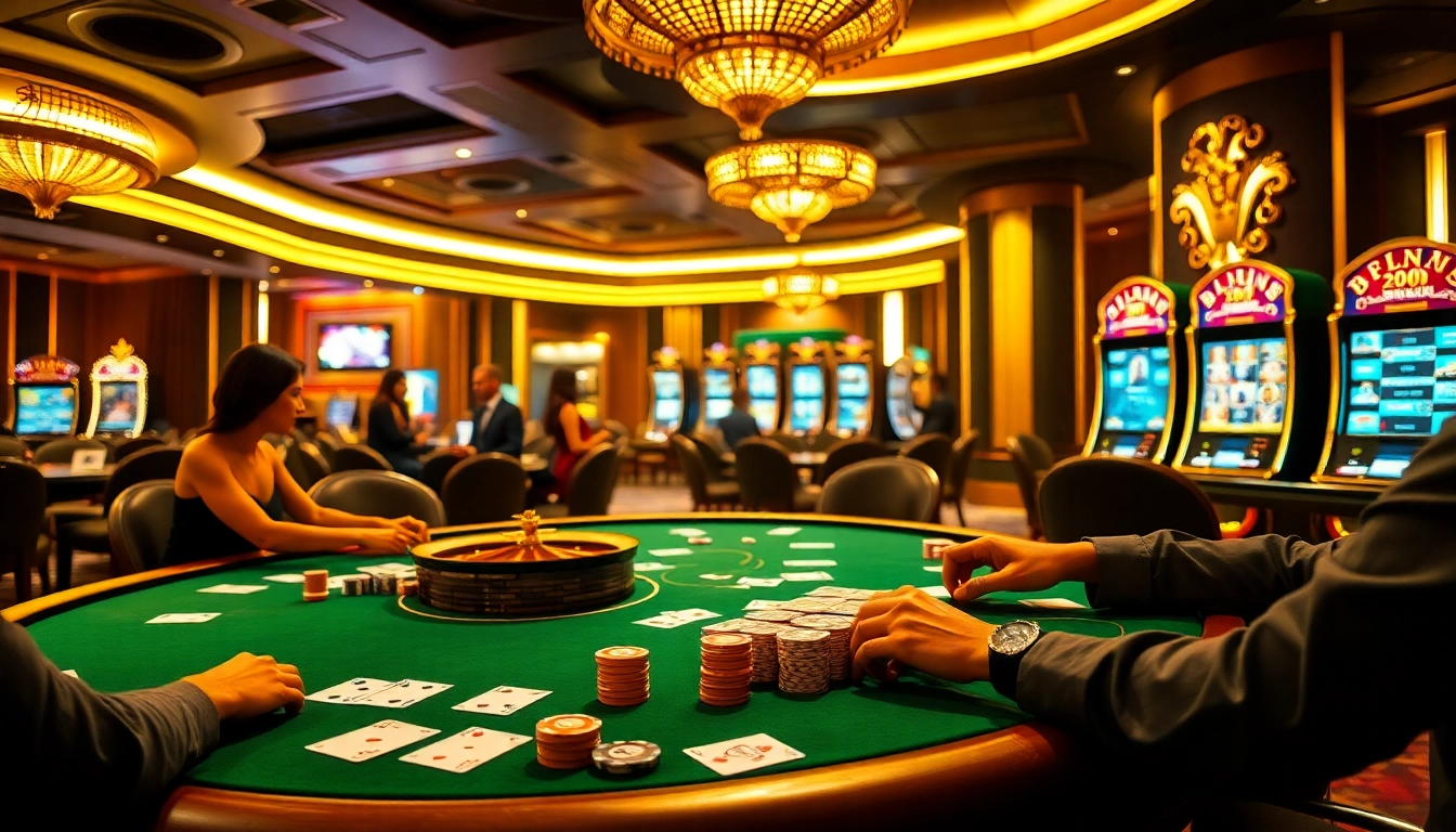 Participants appréciant le poker dans la meilleure casino en ligne, mettant en valeur des jetons et des cartes vibrants.