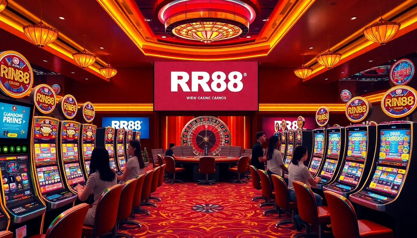 RR88 casino interior with vibrant slot machines and excited players.
