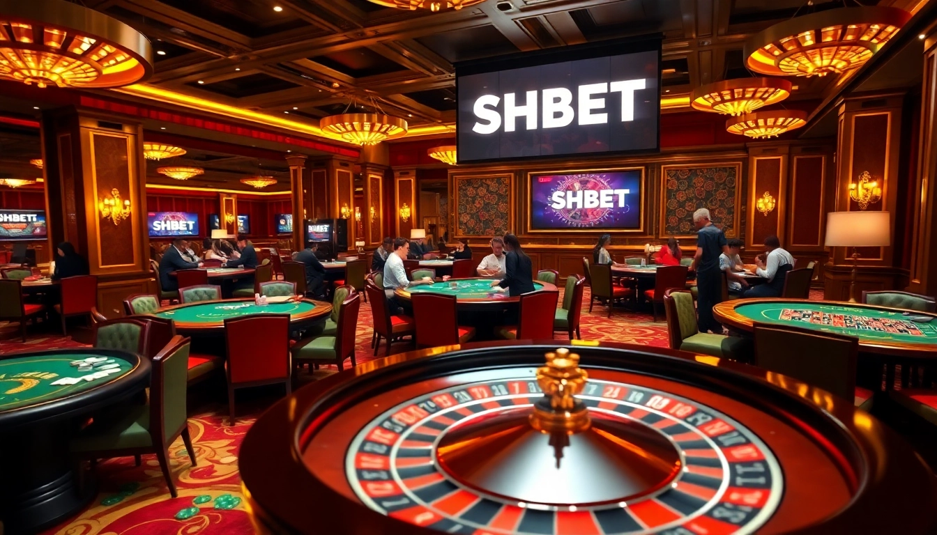 SHBET casino scene showcasing excitement with players at tables, vibrant gaming atmosphere.