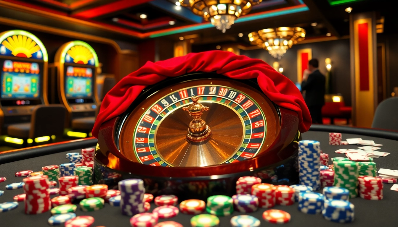 Scène captivante de casino en ligne Français avec roulette, jetons de poker et une atmosphère de jeu excitante.