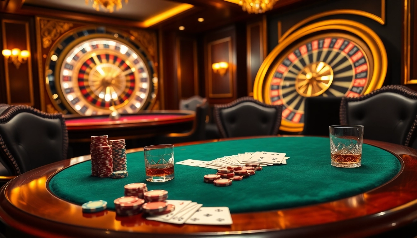 Scène de poker passionnante mettant en avant le meilleure casino en ligne avec des jetons et des cartes luxueux.