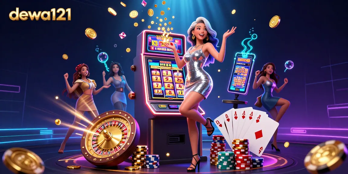 Rasakan sensasi permainan mesin slot di dewa121 dengan pemandangan jackpot yang memukau penuh elemen kasino yang cerah.