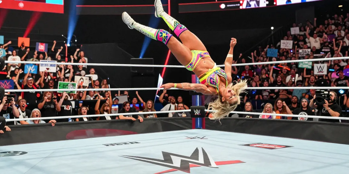 Alexa Bliss performing a signature wrestling move in an electrifying WWE match, showcasing her athleticism.