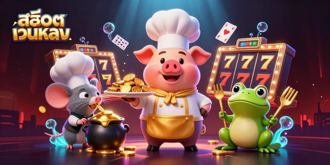 Engage with สล็อตเว็บตรง gaming action featuring a 3D chef pig and friends amidst vibrant slot elements.
