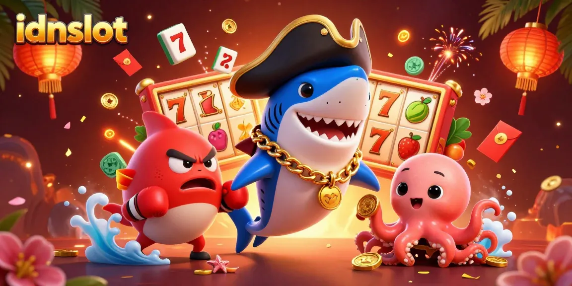 Engage with idnslot's thrilling gameplay featuring a cartoon pirate shark, pufferfish, and octopus in a vibrant casino scene.