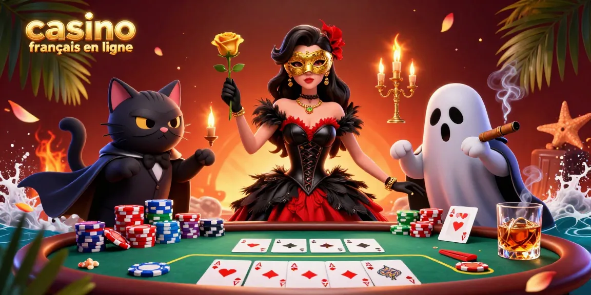 Gagnez gros au casino francais en ligne avec une scène de poker captivante mettant en vedette des personnages et des éléments vibrants.