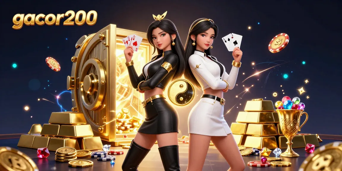 Experience breathtaking gaming vibes with gacor200 showcasing twin Asian women with playing cards amid golden treasures.