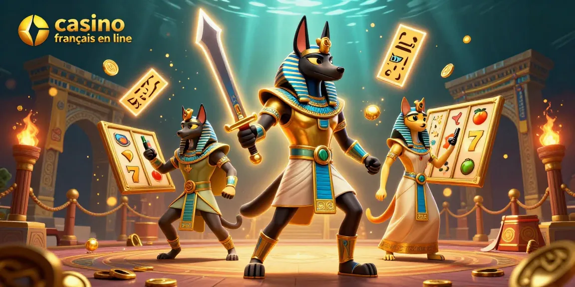 Vivez l'excitation au casino français en ligne avec Anubis et Bastet au milieu des rouleaux de machines à sous dorées.