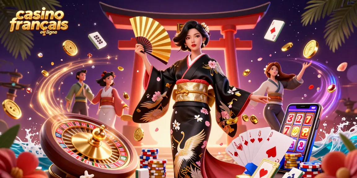 Jouez à des jeux passionnants au casino français en ligne avec une illustration 3D vibrante d'une femme asiatique élégante et des éléments éblouissants de casino.