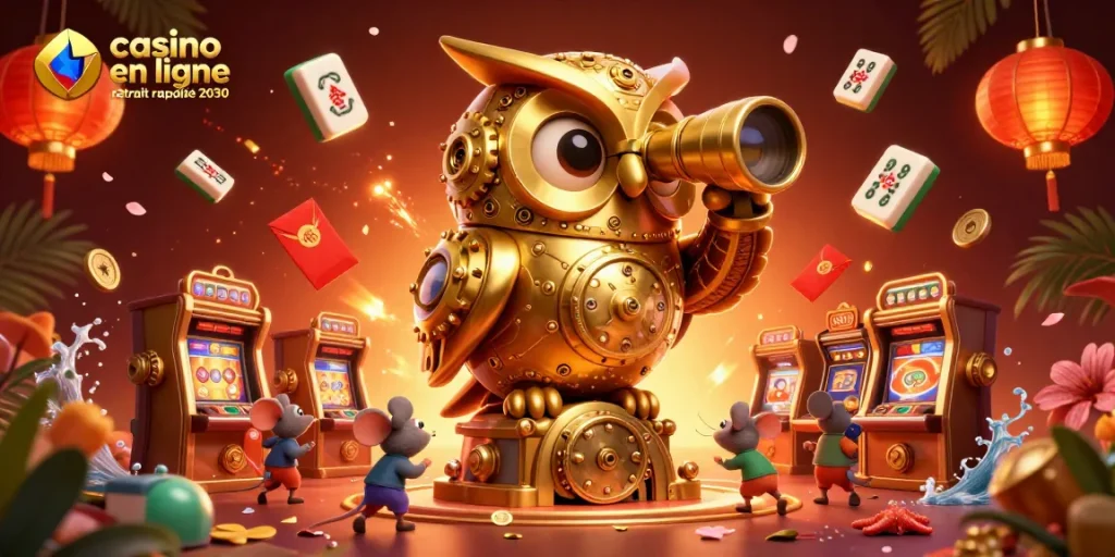 Image de casino en ligne retrait rapide 2030 avec une chouette dorée et des machines à sous captivantes.