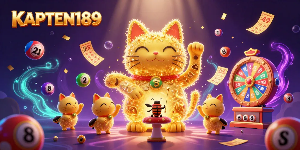 KAPTEN189 mempersembahkan ilustrasi 3D dengan kucing keberuntungan dan simbol kasino, siap untuk bermain.