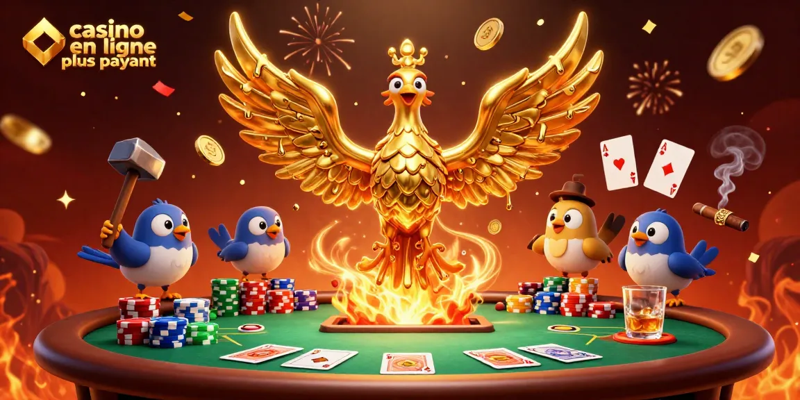 Illustration dynamique d'un phoenix en or, casino en ligne le plus payant avec jetons de poker et cartes.