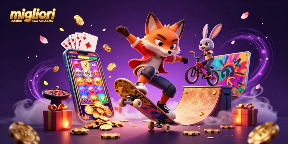 Migliori casino online non AAMS: Una vivace scena 3D con volpe e coniglio che mostrano l'emozione del gioco d'azzardo in mezzo a dinamici elementi casinò.