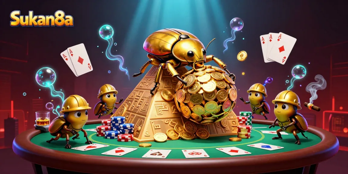 Sukan8a showcases a thrilling casino scene with golden beetles rolling coin balls at a vibrant poker table.