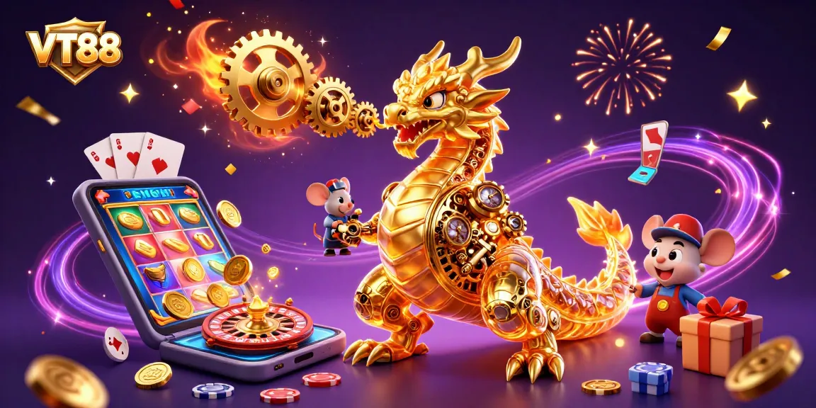 Experience exciting gameplay with VT88 as the golden dragon unleashes gold coins and gear-filled energy.