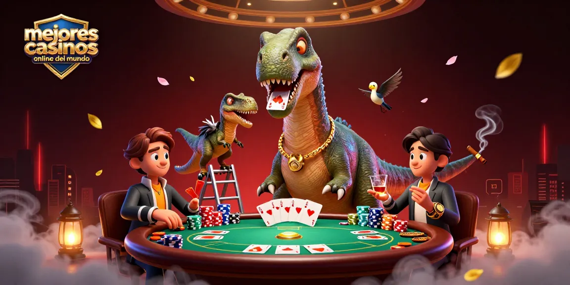 Jugando en los mejores casinos online del mundo con un dinosaurio gigante y cartas de póker.