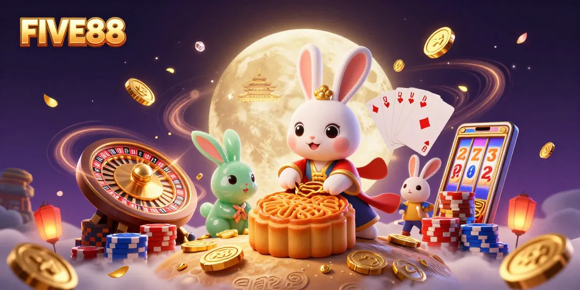 Engage with FIVE88 as a moon rabbit character reveals poker chips from mooncakes in a vibrant casino scene.