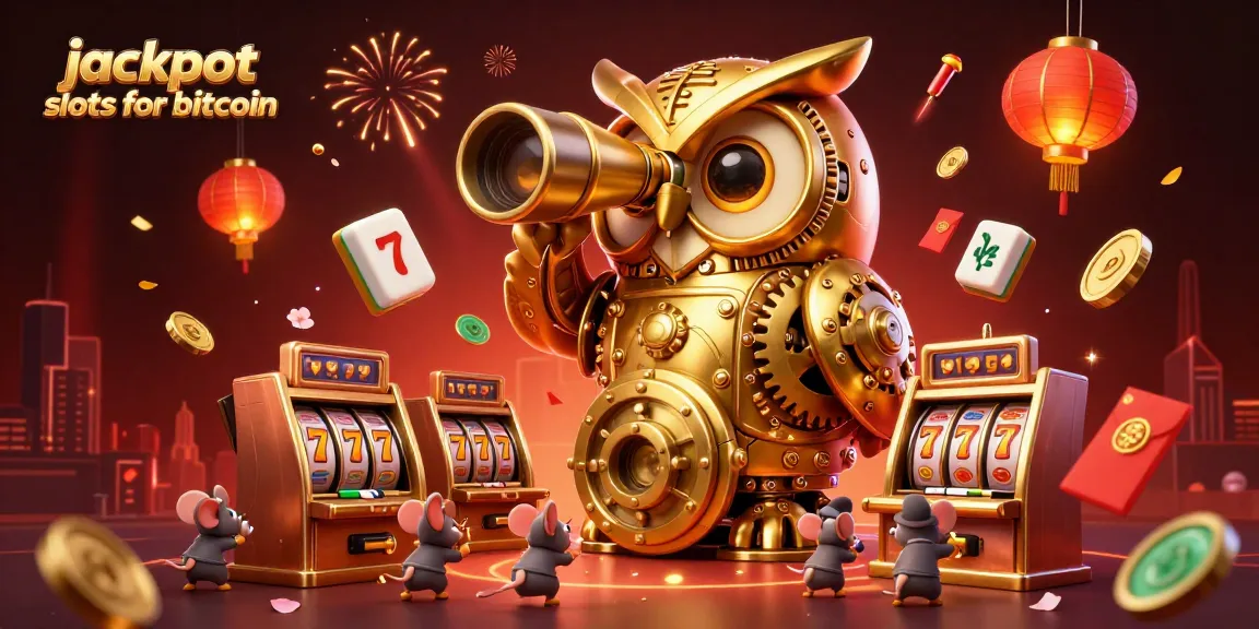 Experience thrilling jackpot slots for bitcoin with a vibrant 3D illustration of a golden owl and lucky game symbols.