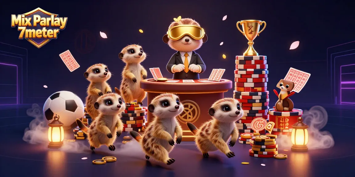 Engage with Mix Parlay 7meter in this dynamic casino scene featuring meerkats as key characters, showcasing thrilling sports betting elements.