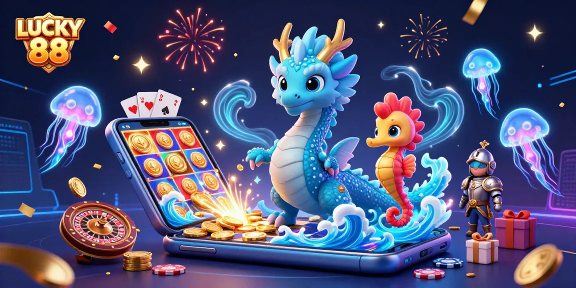 Experience the excitement of LUCKY 88 with vibrant casino elements in a dynamic illustration.