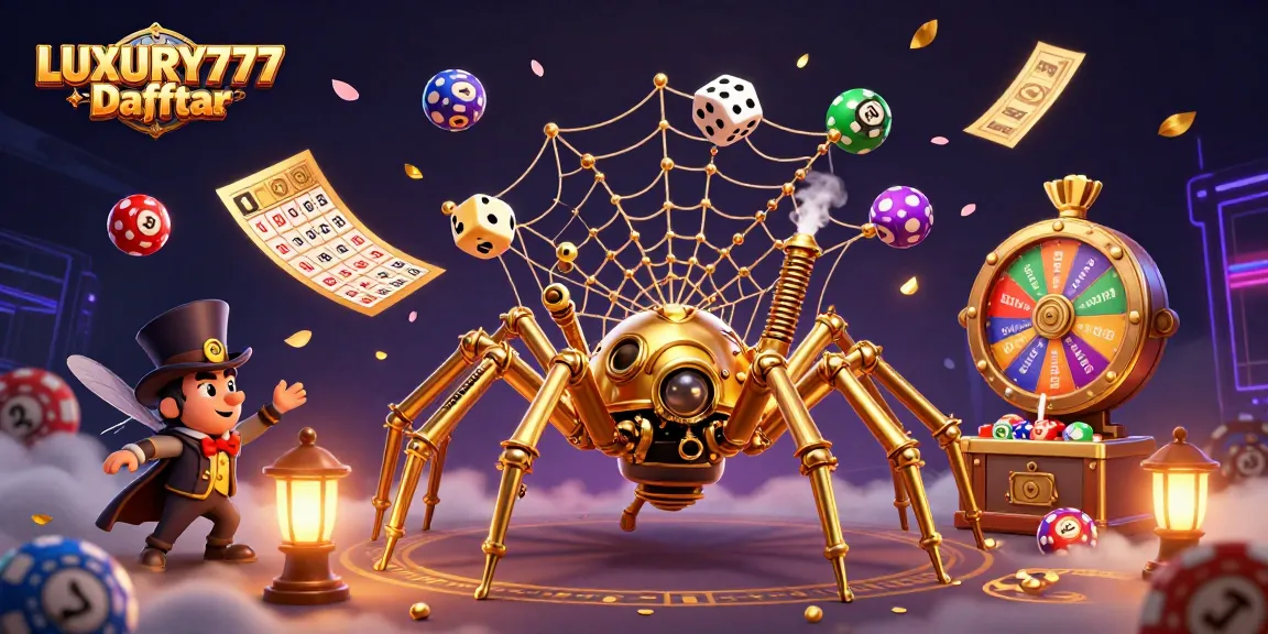 Menggambar LUXURY777 Daftar dengan karakter kasino 3D yang penuh warna dan elemen menarik.