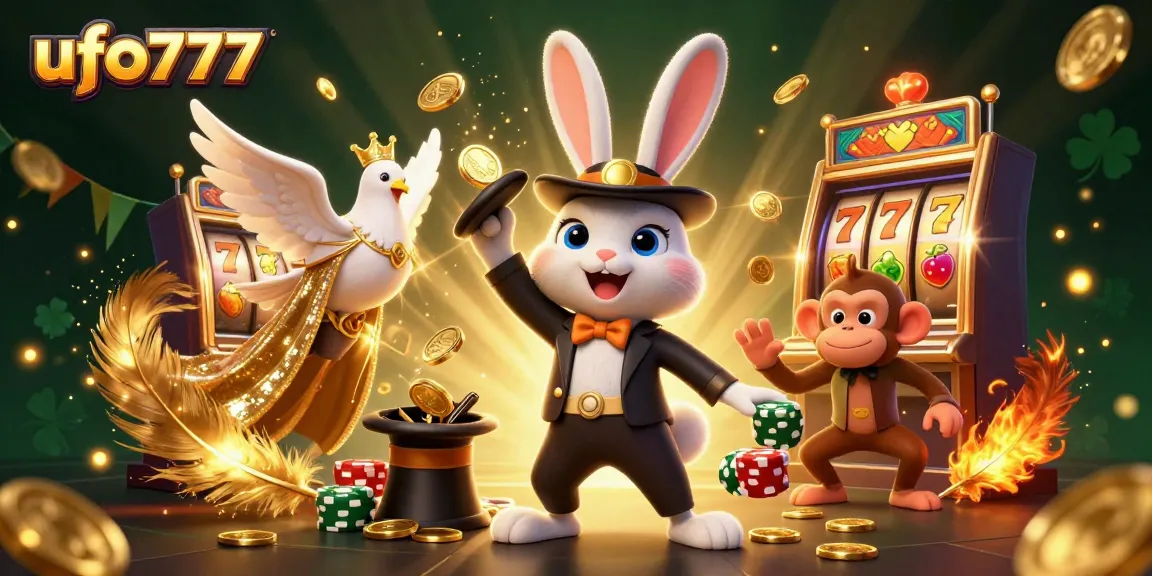 Experience thrill with ufo777 as a 3D magician pulls coins amidst vibrant casino elements.