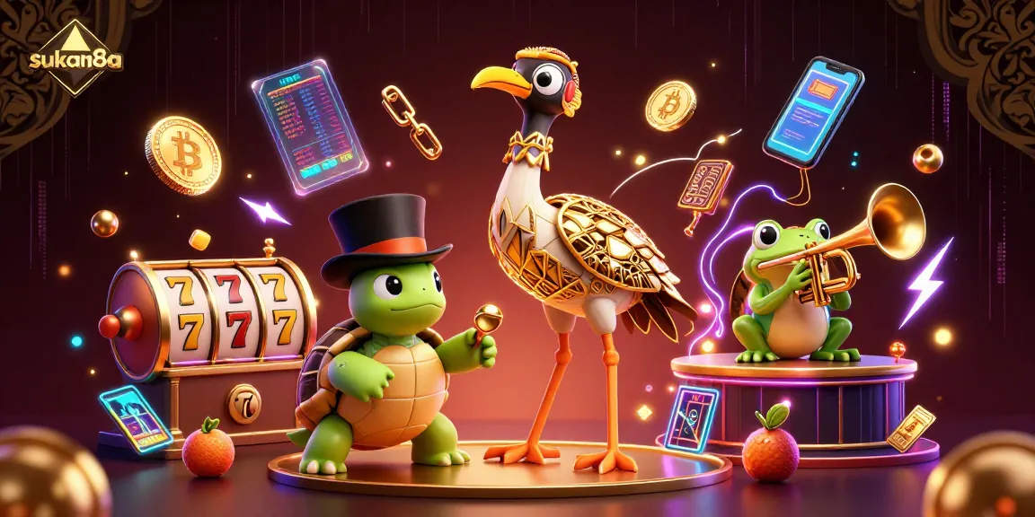 Sukan8a showcases an engaging 3D casino scene with vibrant slot reels and fun characters, enhancing player excitement.