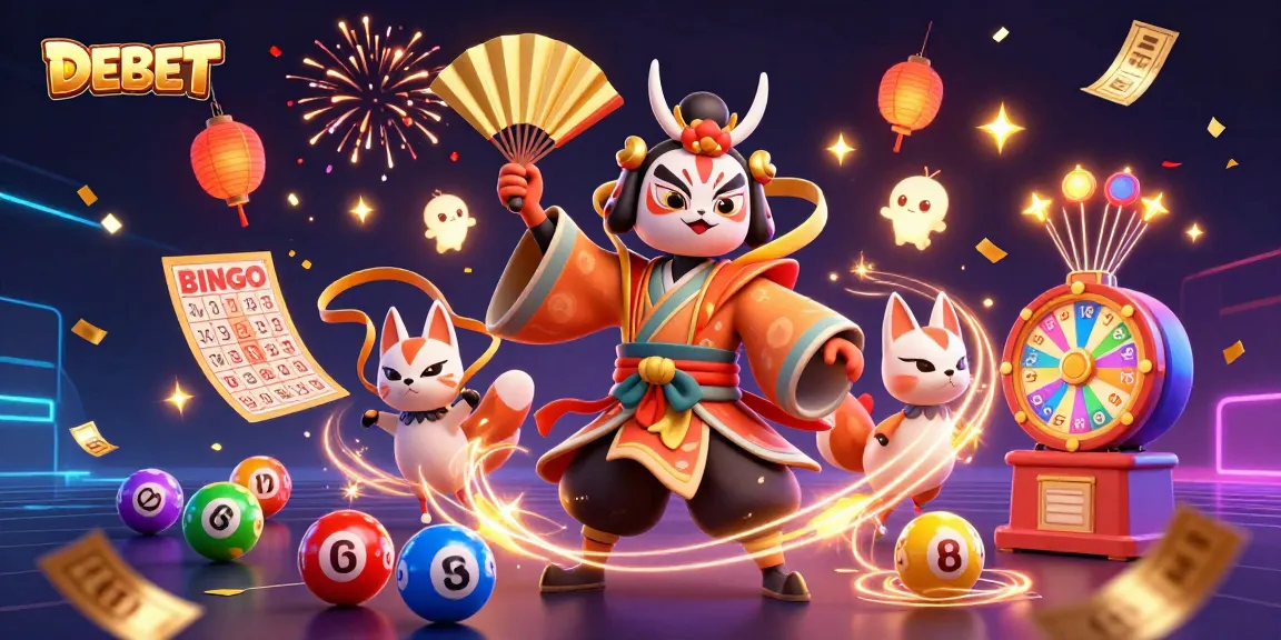 Win with DEBET in this vibrant 3D casino scene showcasing lively lottery and game elements.