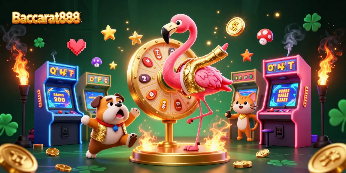 Baccarat888 offers exhilarating gameplay with vibrant characters, including a flamingo host and a bulldog contestant amidst a casino backdrop.