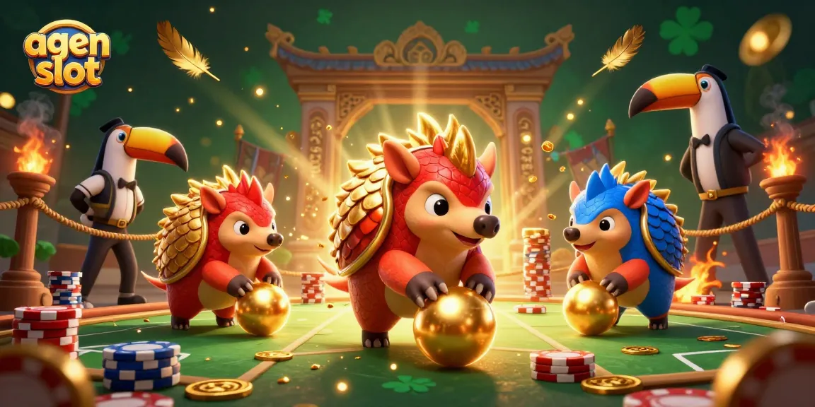 Gali jackpot agen slot dengan pangolin berwarna merah dan biru dalam balapan kasino menarik.