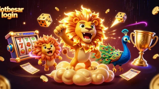 Experience the thrill of slotbesar login with captivating 3D gaming visuals showcasing dynamic slot reels and casino elements.