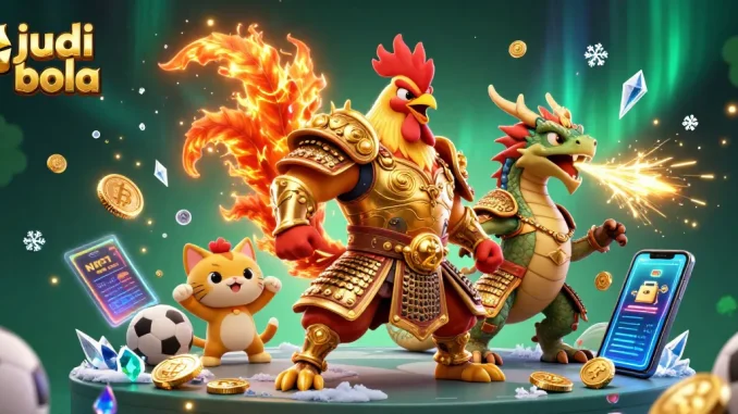 Place bets on judi bola as a cartoon fighting rooster and dragon hatchling celebrate victories in a vibrant scene.