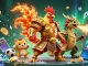 Place bets on judi bola as a cartoon fighting rooster and dragon hatchling celebrate victories in a vibrant scene.