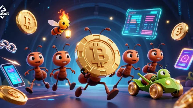 Focus on ufabet as ants heist golden poker chip, illustrating gambling excitement in a vibrant scene.