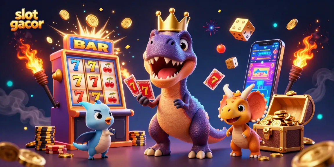 Spin to win on slot gacor with a friendly T-Rex dealer and vibrant jackpot elements!