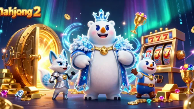 Engage with mahjong 2 in a vibrant casino scene featuring treasures and playful characters.