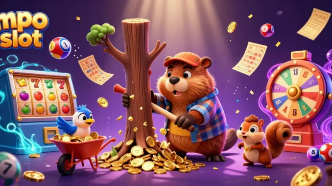 Engage with mpo slot as a 3D cartoon scene featuring a beaver, bird, and squirrel collecting gold coins.