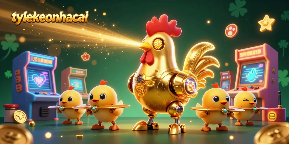 Engage with tylekeonhacai at this vibrant casino scene, showcasing a golden rooster robot and chick drones.