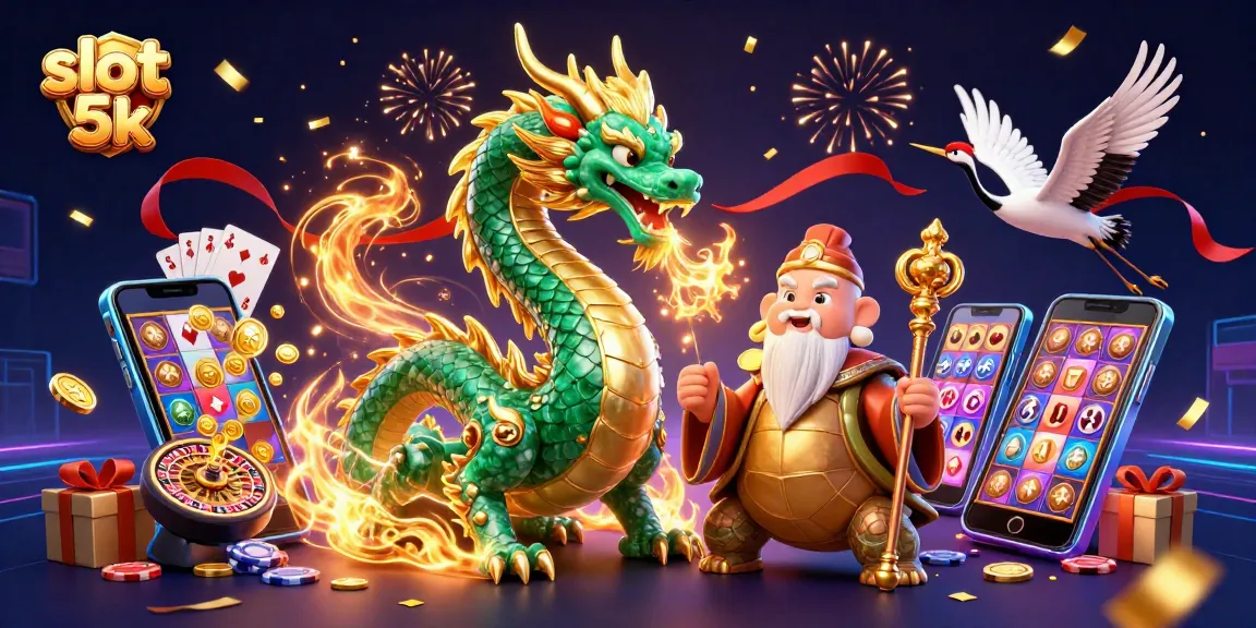 Experience the thrill of slot 5k with vibrant 3D illustration featuring a dragon and turtles amidst casino elements.