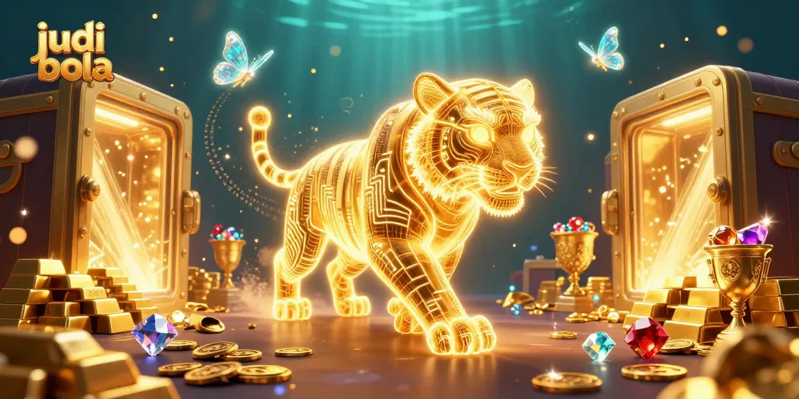 Experience the thrilling world of judi bola with a golden tiger and vibrant casino elements in this captivating illustration.