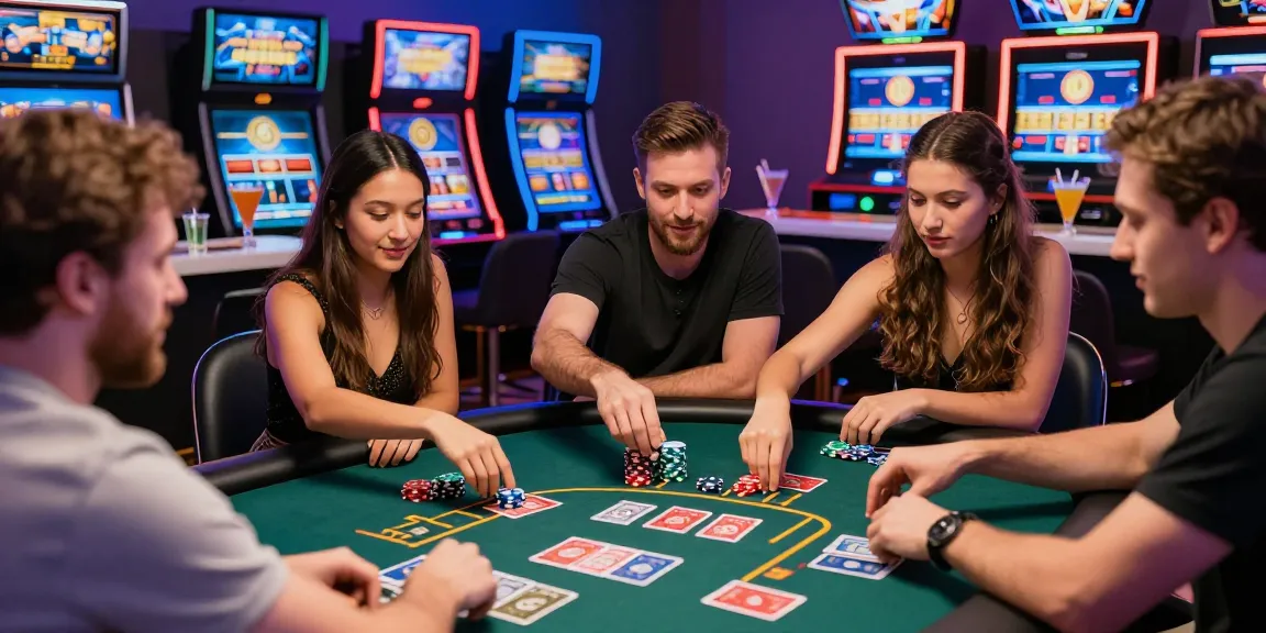 Friends enjoying a thrilling blackjack game at MBM娛樂 casino, vibrant atmosphere.