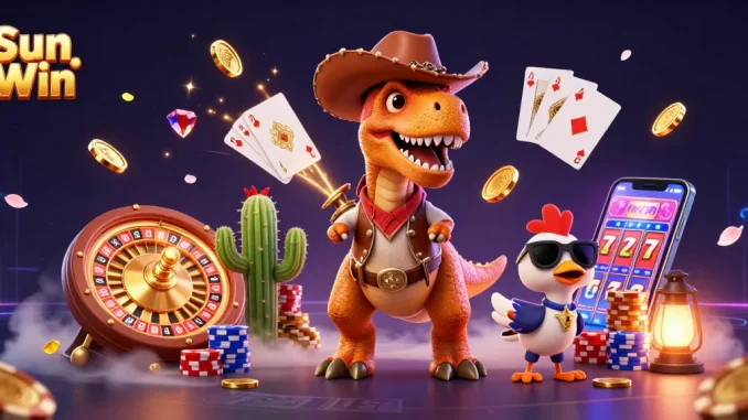Experience the thrill of Sun Win with vibrant 3D casino fun featuring T-Rex and friends.