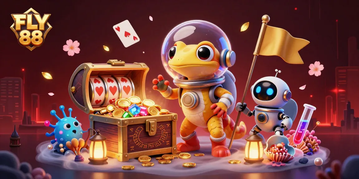 Experience FLY 88 with our Martian gecko discovering a vibrant casino filled with treasures.