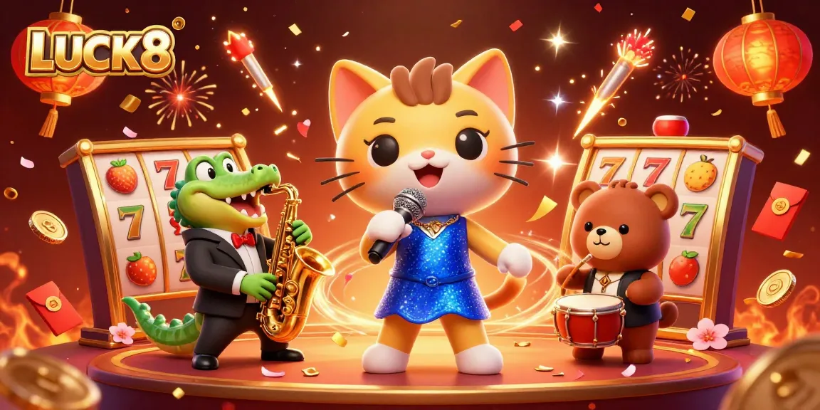 Experience the vibrant excitement of LUCK8 slots with a cartoon jazz singer cat and lively characters