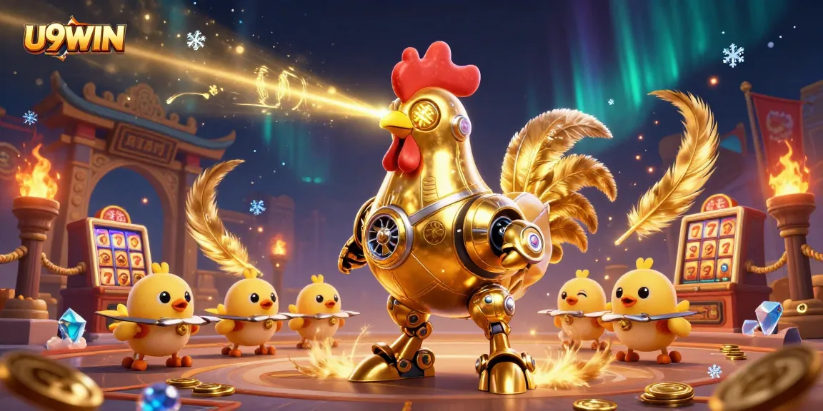 Engage in thrilling U9WIN slot adventures with a golden rooster robot and baby chick drones.