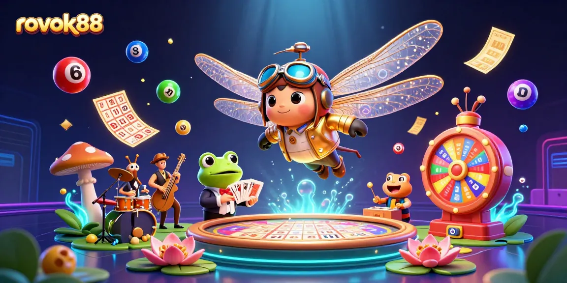 Engage with rokok88's thrilling gaming scene featuring a dragonfly pilot, frog croupier, and lively musicians.