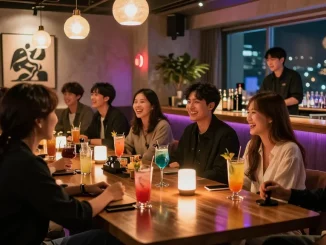 Friends enjoying vibrant cocktails at 상봉동 한국관나이트 in a stylish nightlife setting.