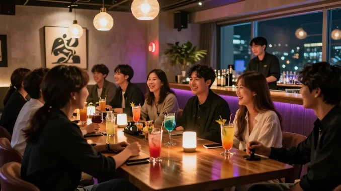 Friends enjoying vibrant cocktails at 상봉동 한국관나이트 in a stylish nightlife setting.