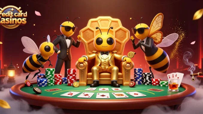 Engage in thrilling credit card casinos with a vibrant 3D illustration depicting a playful yet mysterious casino scene.