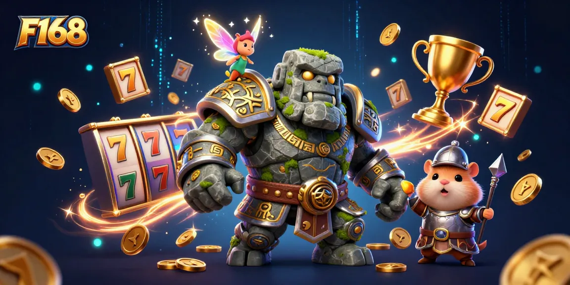 F168 reveals a thrilling adventure with a magical golem and hamster knight amidst vibrant slot reels and jackpot symbols.